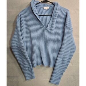 Stitch & Pine Blue Ribbed Knit Hoodie Pullover Sweater Open V Neck Women's XL